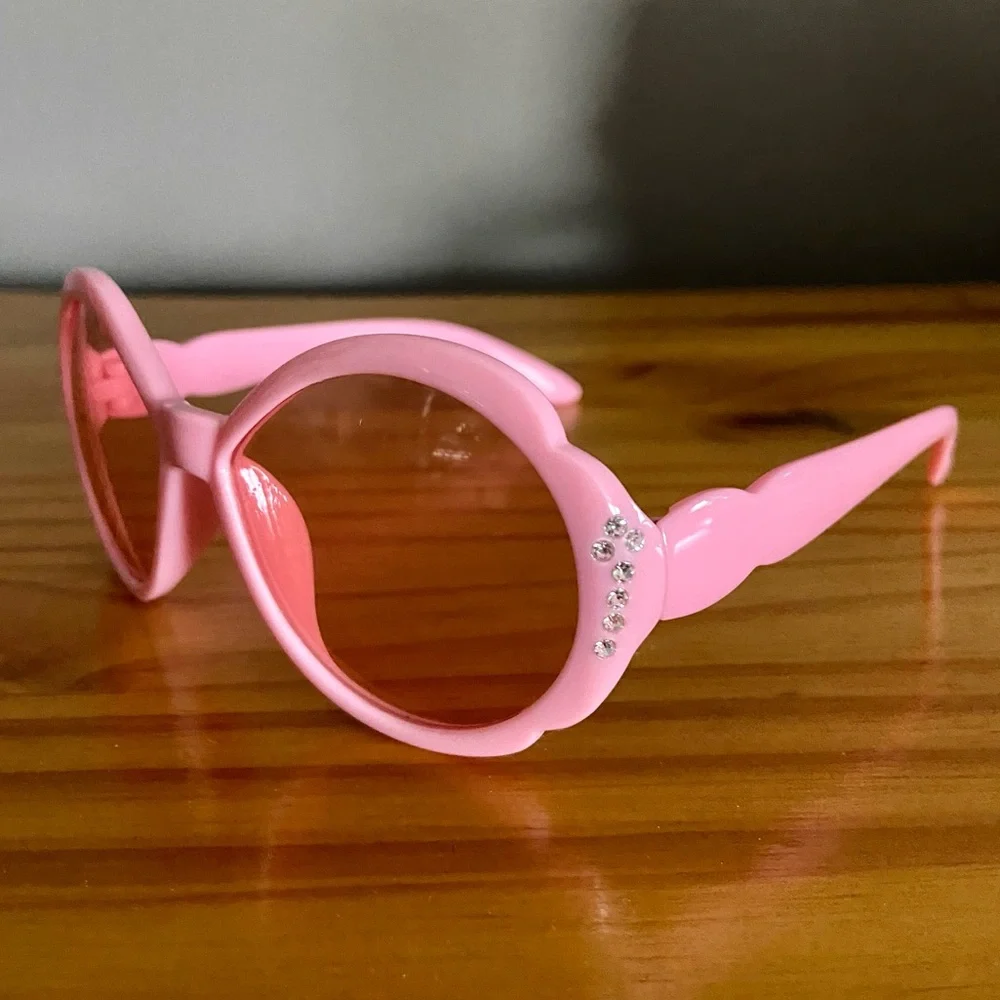 Girls Retro Bubblegum Pink Sunglasses with Pink Lenses and Rhinestone Bling